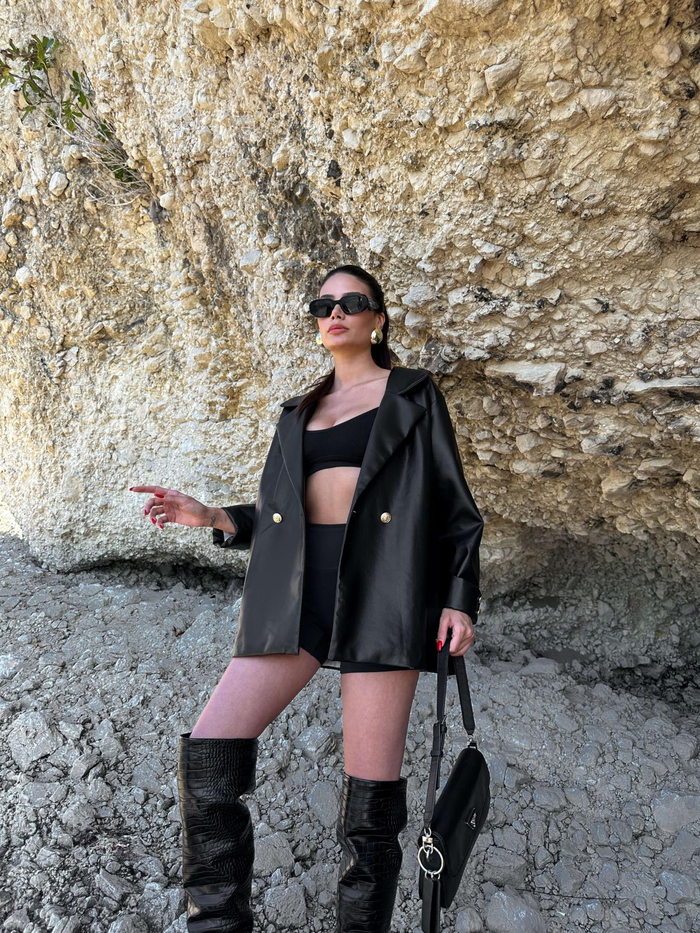 Siyah Oversize Deri Ceket