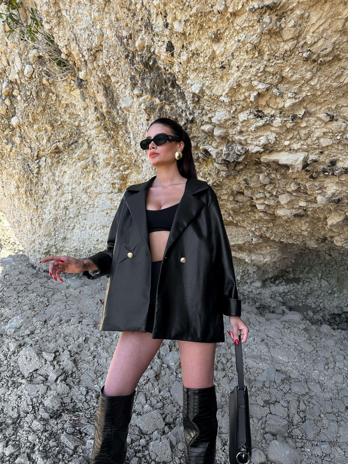 Siyah Oversize Deri Ceket