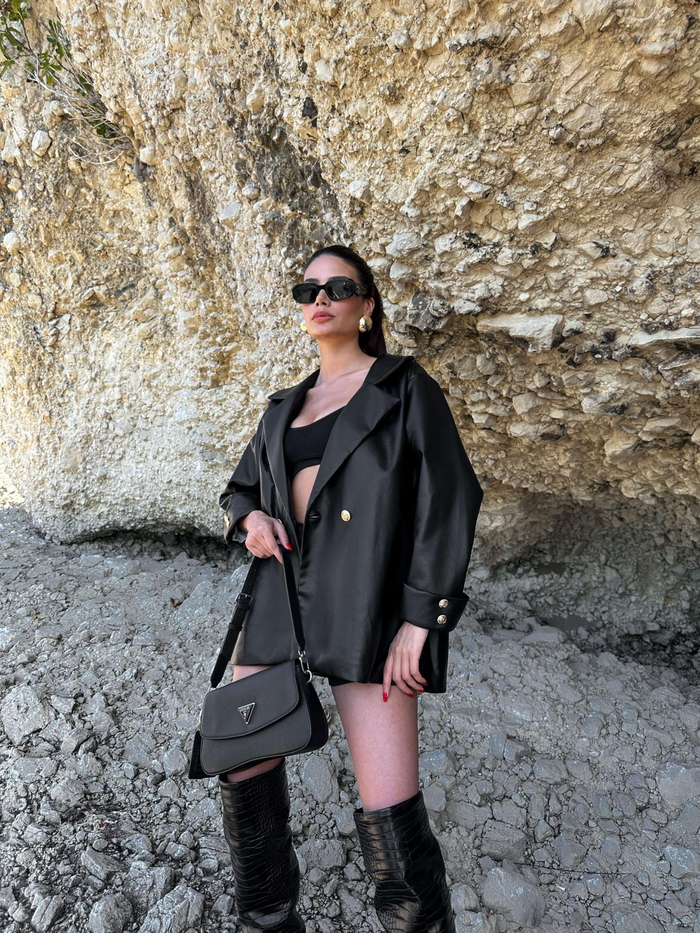 Siyah Oversize Deri Ceket