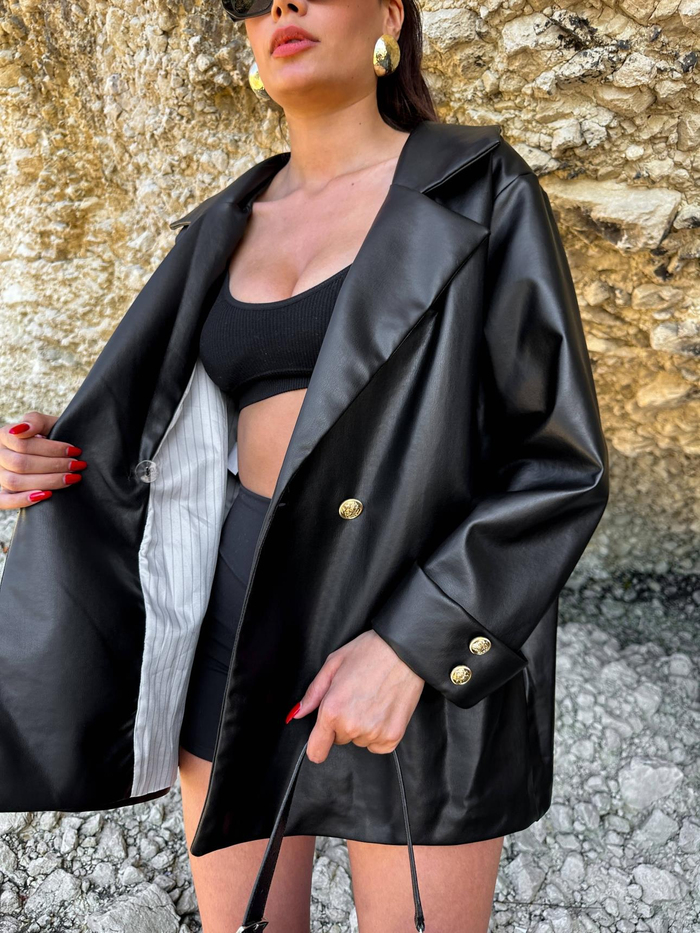 Siyah Oversize Deri Ceket