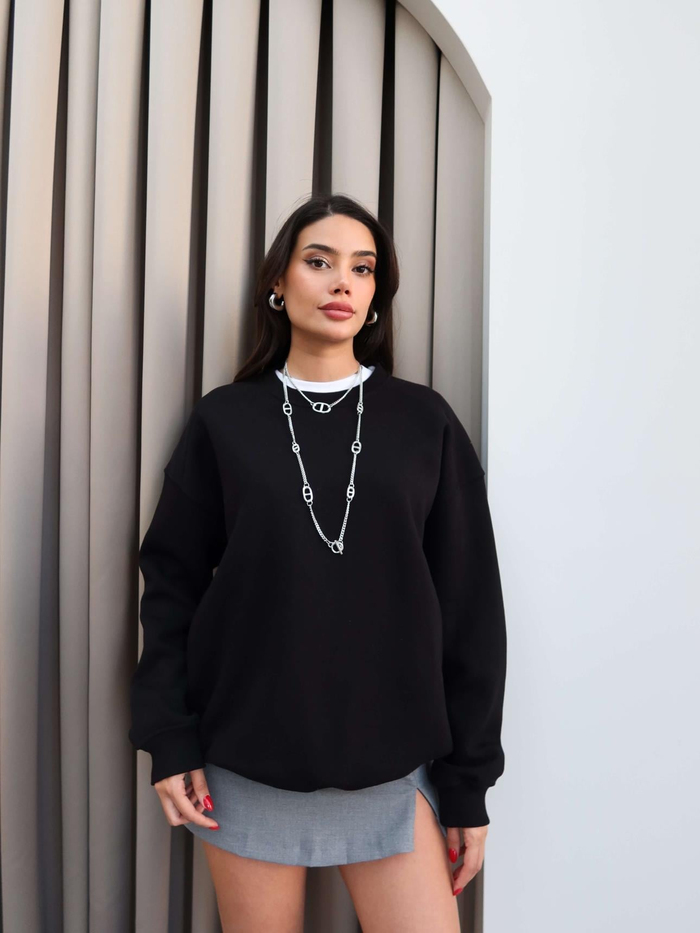 Siyah Oversize Şardonlu Sweatshirt
