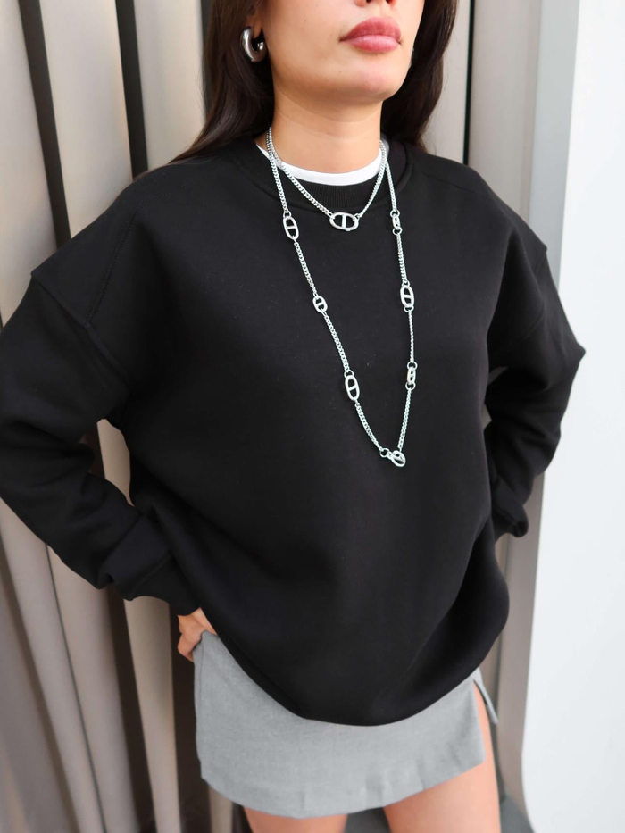 Siyah Oversize Şardonlu Sweatshirt