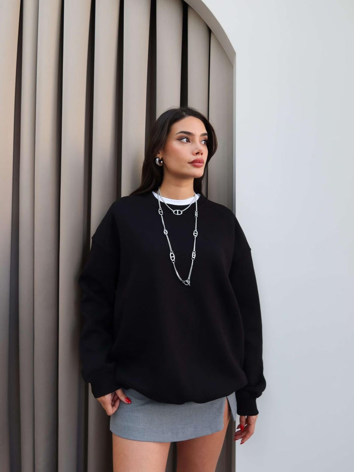 Siyah Oversize Şardonlu Sweatshirt