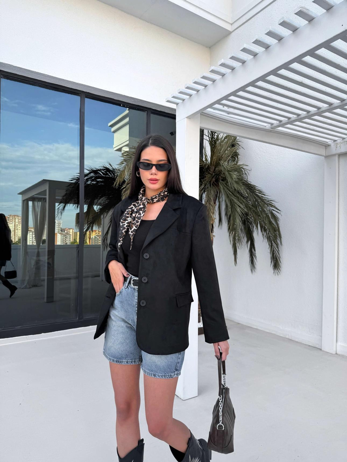 Siyah Oversize Süet Blazer Ceket