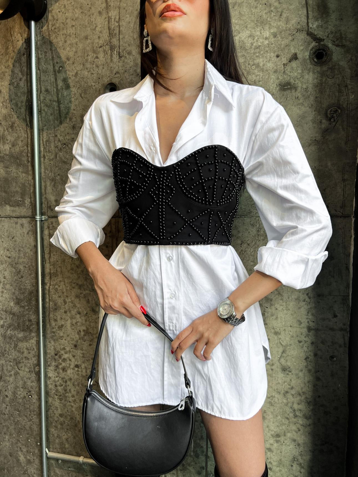 Siyah Pearl İşlemeli Crop