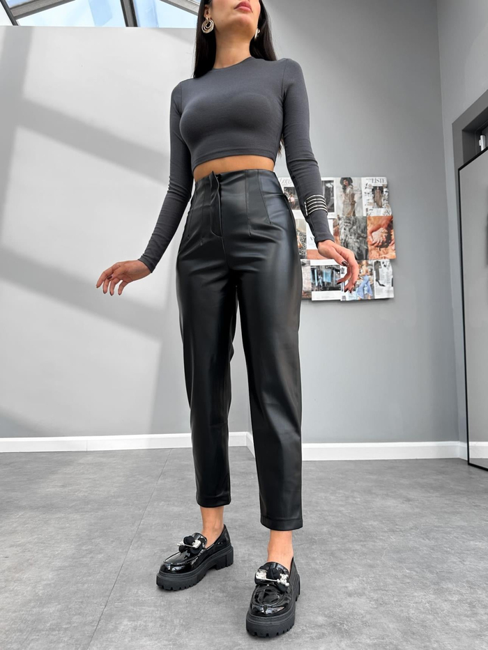 Siyah Pensli Deri Pantolon