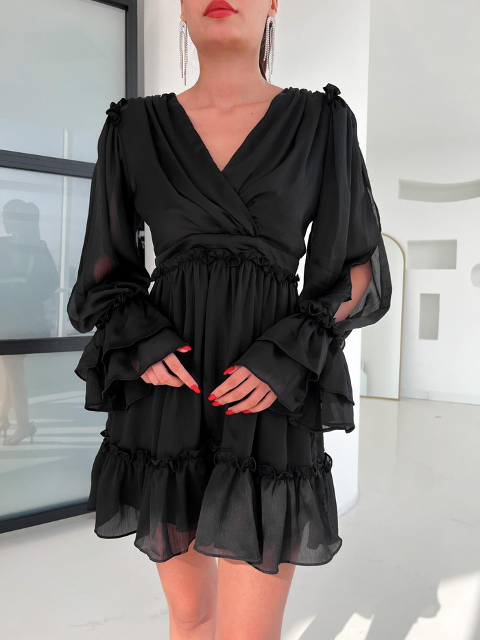 Siyah Ruffled Dekolte Elbise