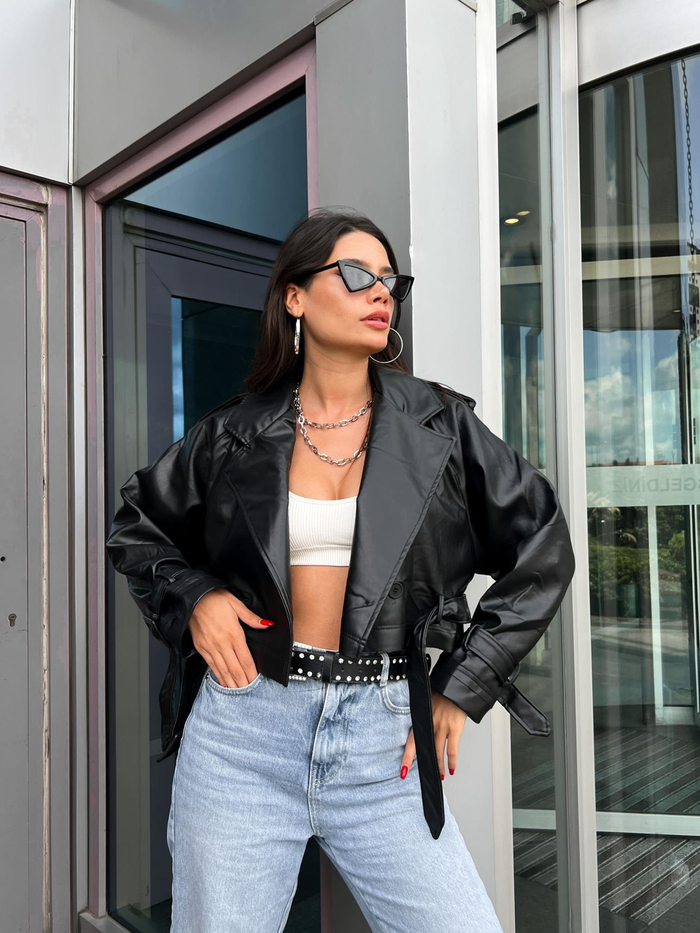 Siyah Short Belted Deri Ceket