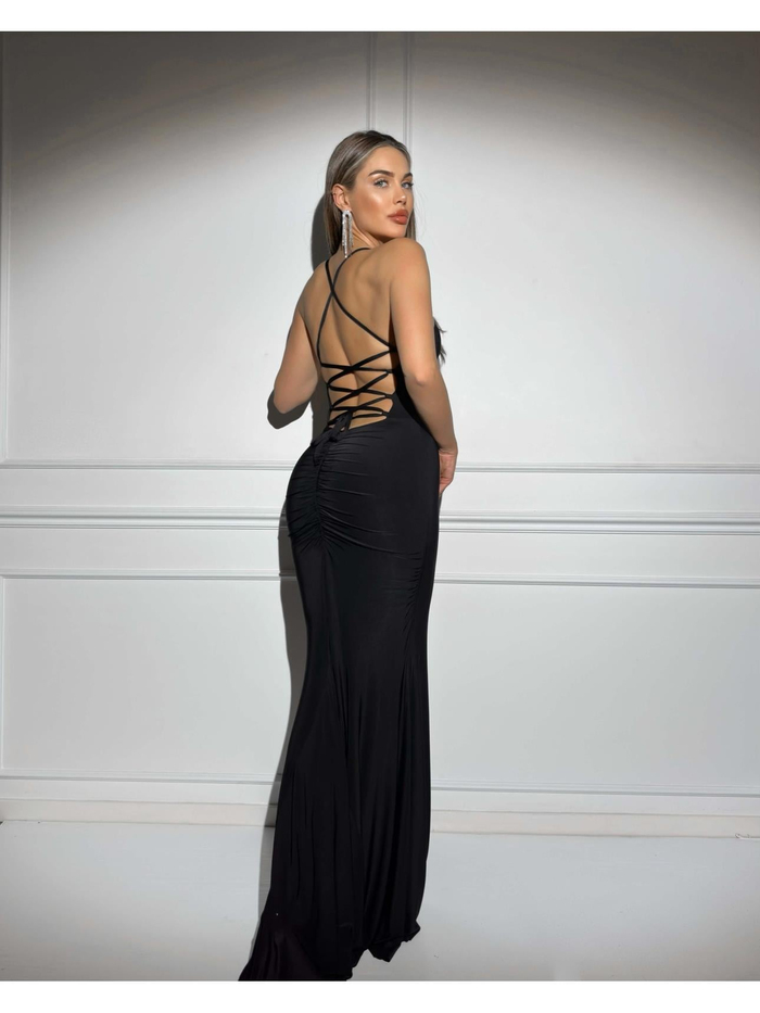 Siyah Sırtı Bağlamalı Flame Elbise