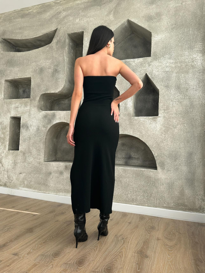 Siyah Strapless Yırtmaçlı Elbise