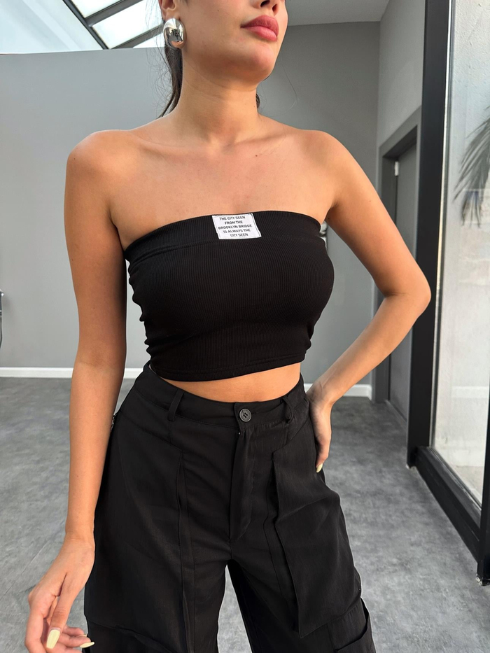 Siyah Straplez Kaplı Fitilli Crop