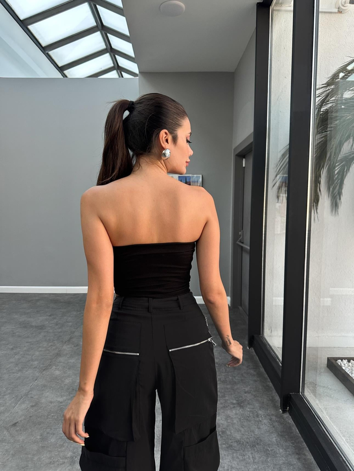 Siyah Straplez Kaplı Fitilli Crop