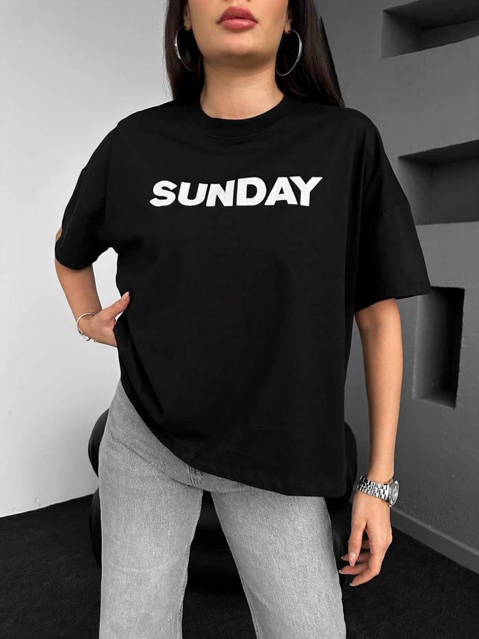 Siyah Sunday Baskılı Tshirt