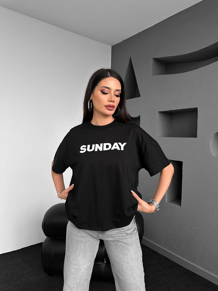 Siyah Sunday Baskılı Tshirt