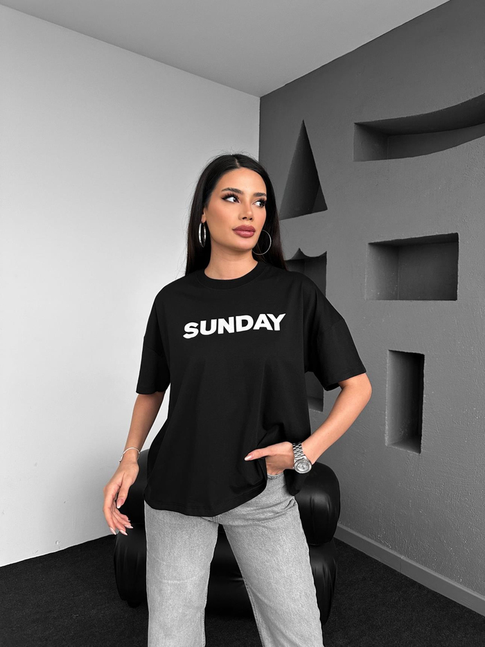 Siyah Sunday Baskılı Tshirt