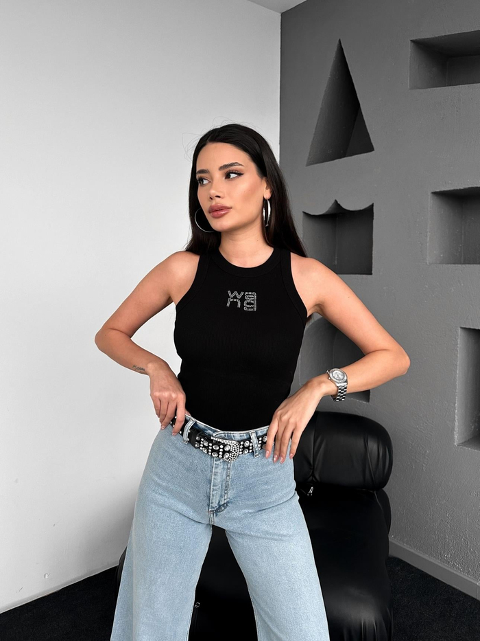Siyah Taş Baskılı Fitilli Atlet