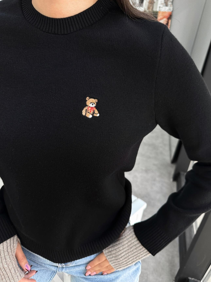 Siyah Teddy Bear Nakışlı Triko Kazak