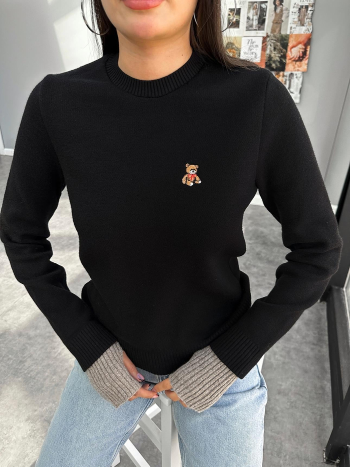 Siyah Teddy Bear Nakışlı Triko Kazak
