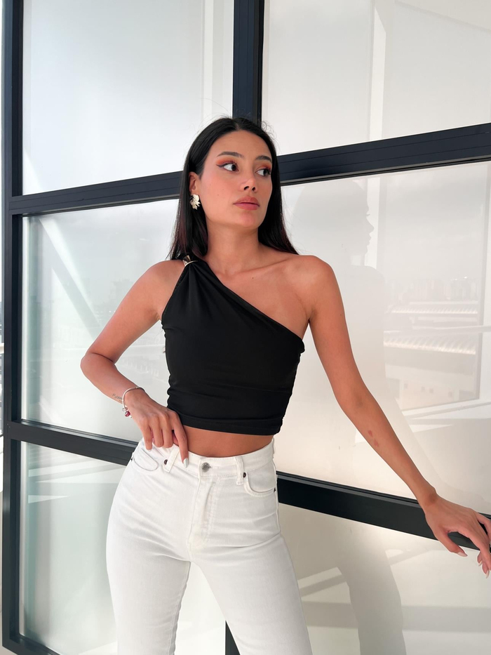 Siyah Tek Kol Tulle Blouse