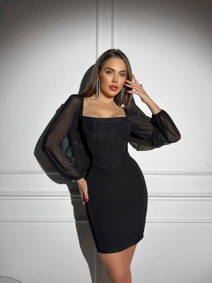 Siyah Transparan Detay Mini Elbise