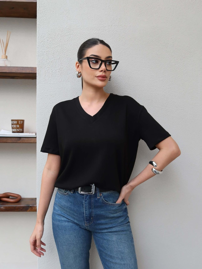 Siyah V Yaka Düz Orj Tshirt