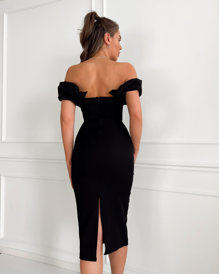 Siyah Yaka Frilly Fitted Elbise
