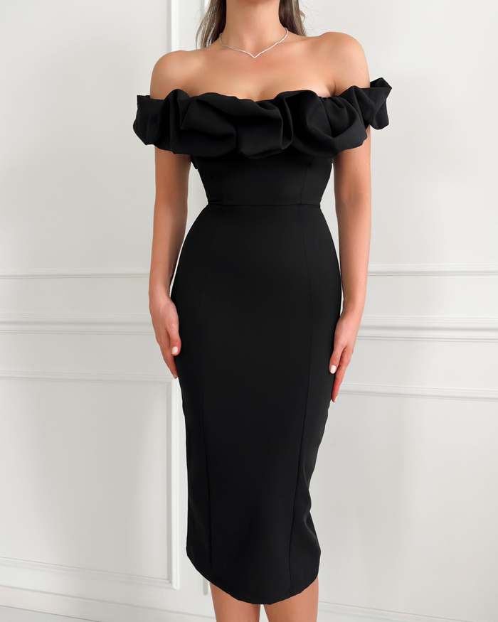 Siyah Yaka Frilly Fitted Elbise