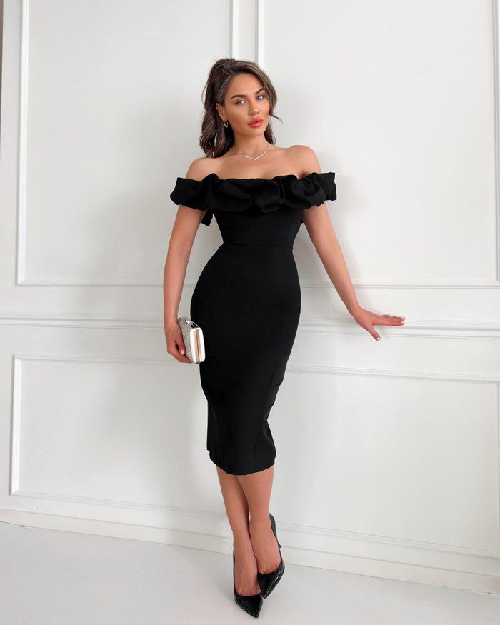 Siyah Yaka Frilly Fitted Elbise