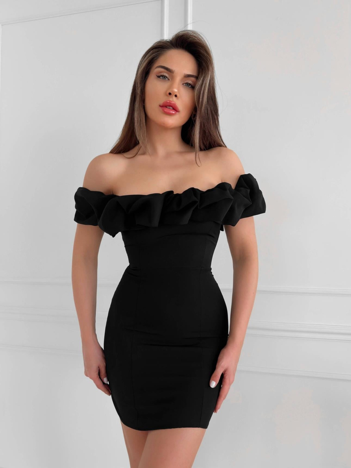 Siyah Yaka Frilly Fitted  Mini Elbise