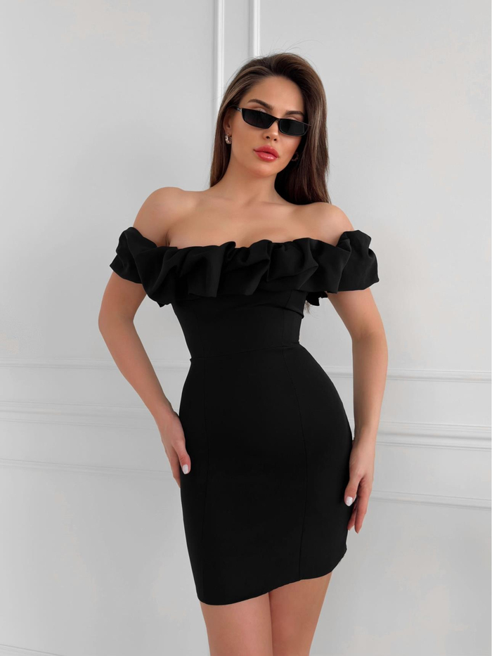 Siyah Yaka Frilly Fitted  Mini Elbise