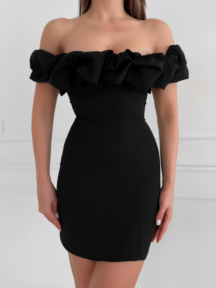 Siyah Yaka Frilly Fitted  Mini Elbise