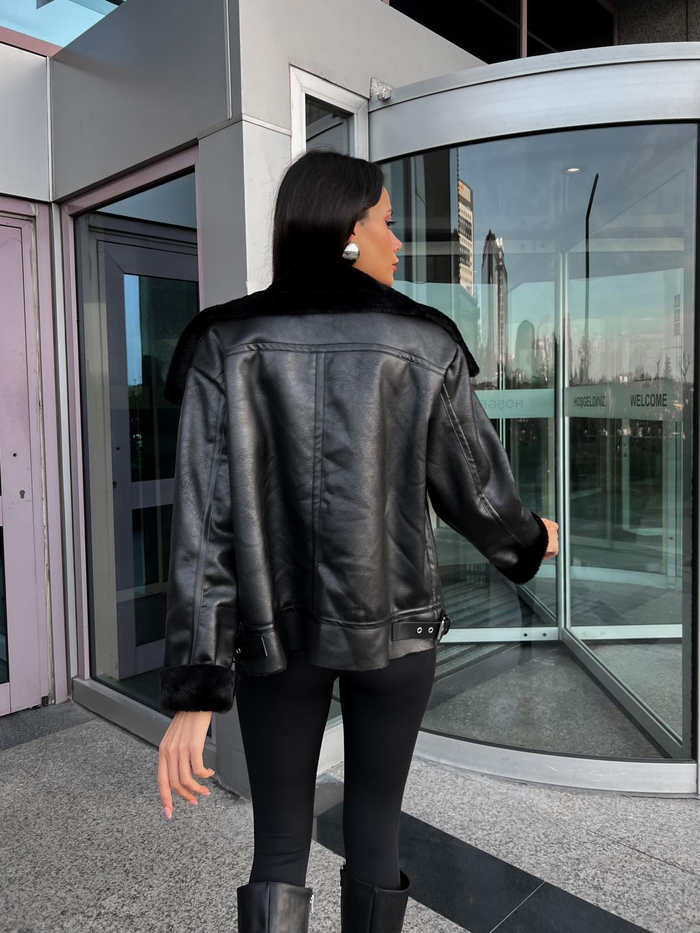 Siyah Yünlü Biker Mont