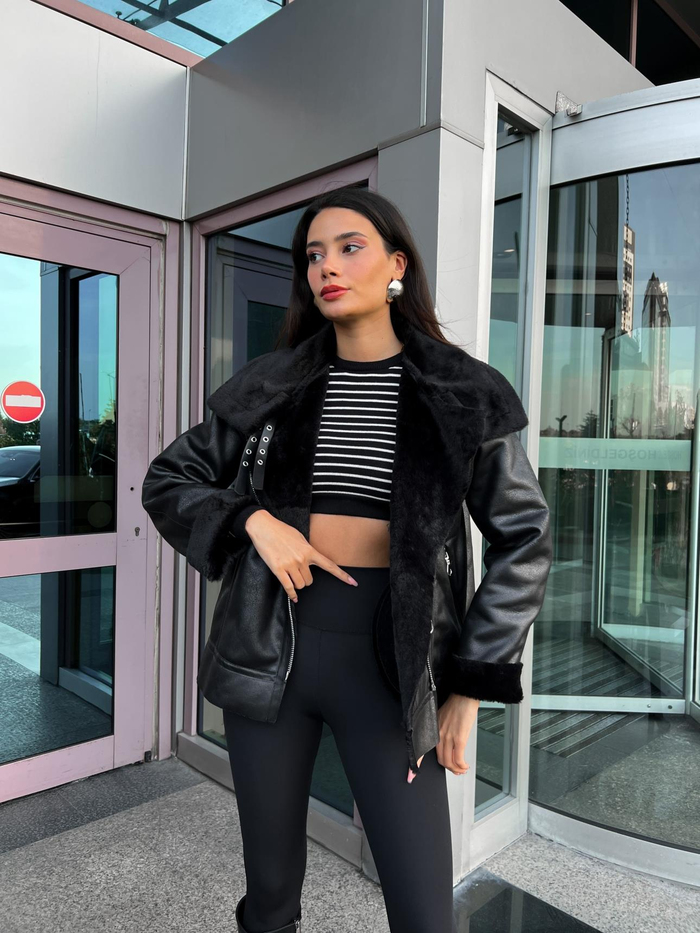 Siyah Yünlü Biker Mont