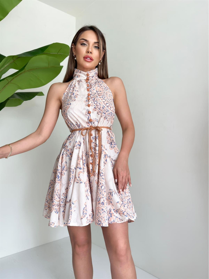 Somon Desenli Halter Yaka Elbise