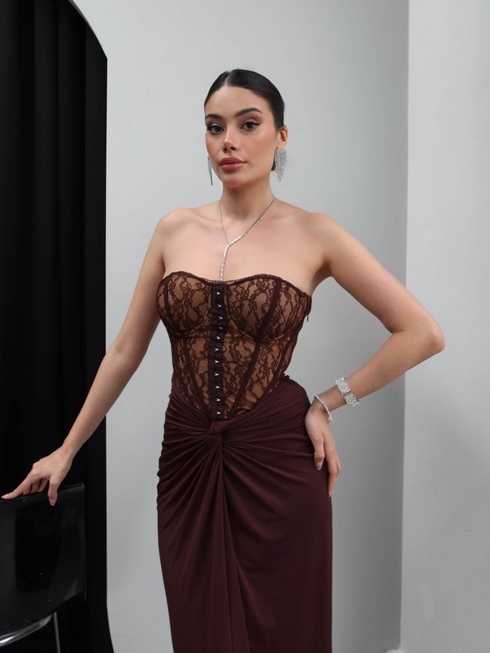 Straplez Korse Detay Uzun Elbise