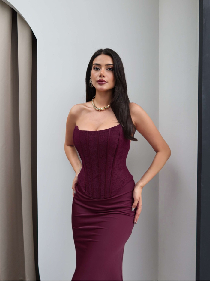Straplez Korseli Saten Uzun Elbise