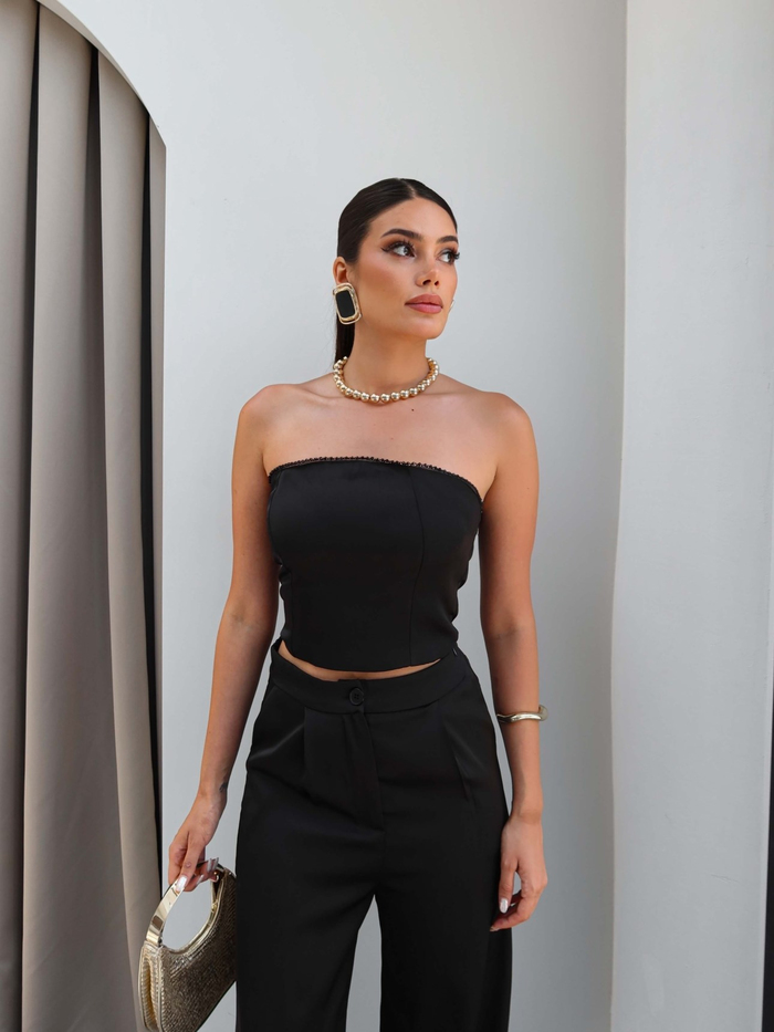 Straplez Taşlı Bluz Saten Takım