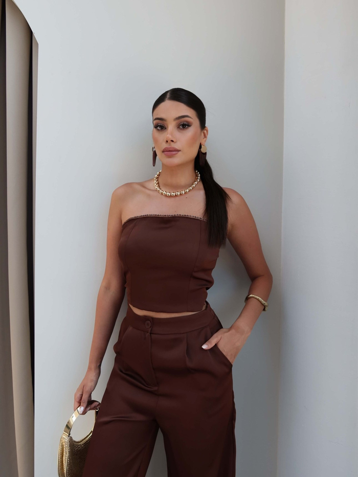 Straplez Taşlı Bluz Saten Takım