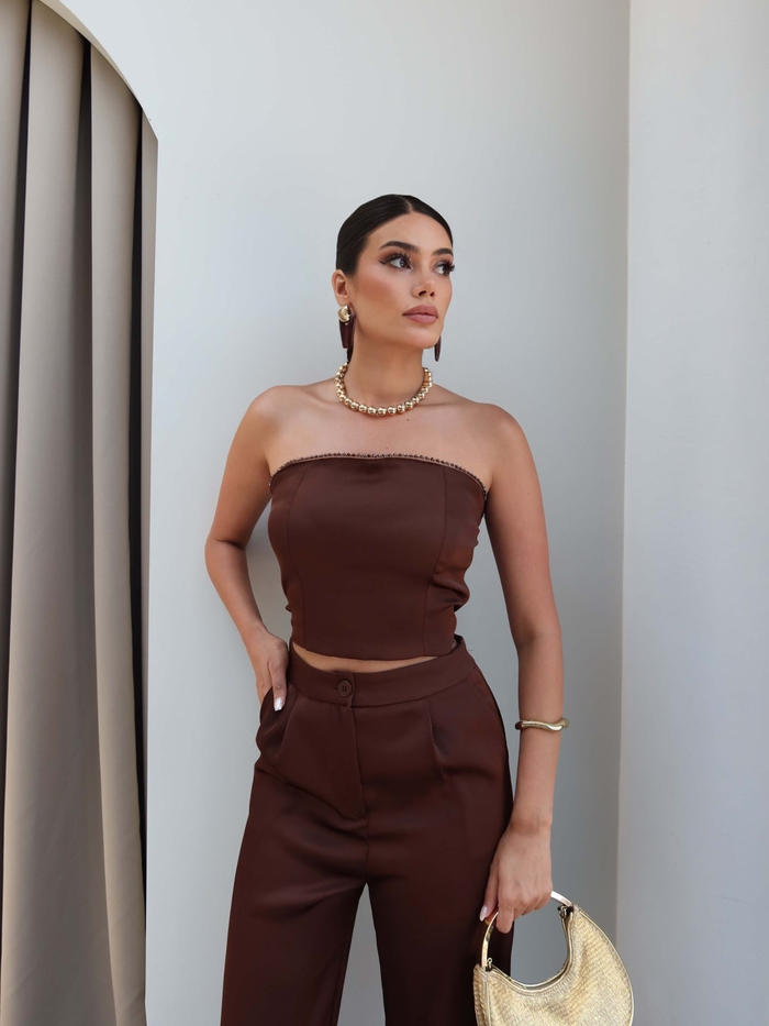 Straplez Taşlı Bluz Saten Takım