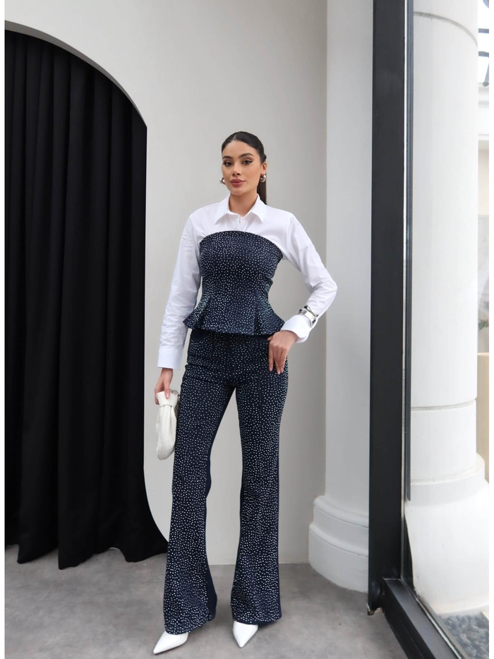 Straplez Taşlı Denim İkili Takım