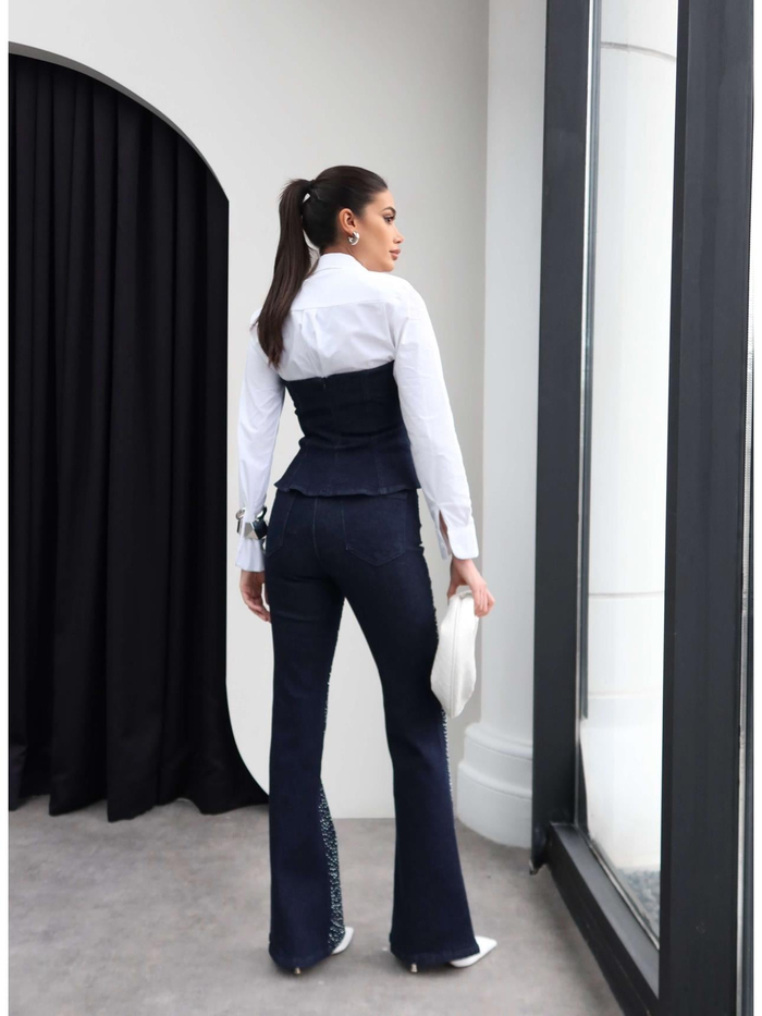 Straplez Taşlı Denim İkili Takım