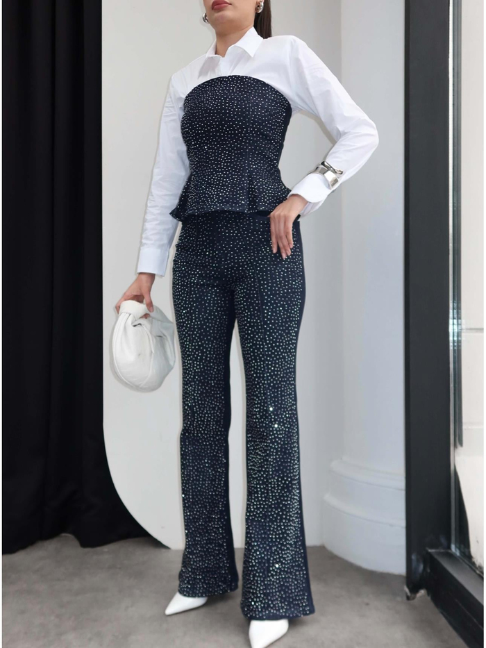 Straplez Taşlı Denim İkili Takım