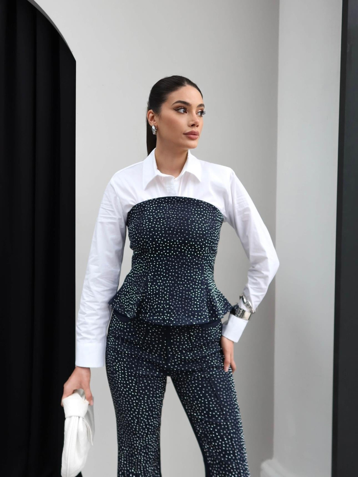Straplez Taşlı Denim İkili Takım