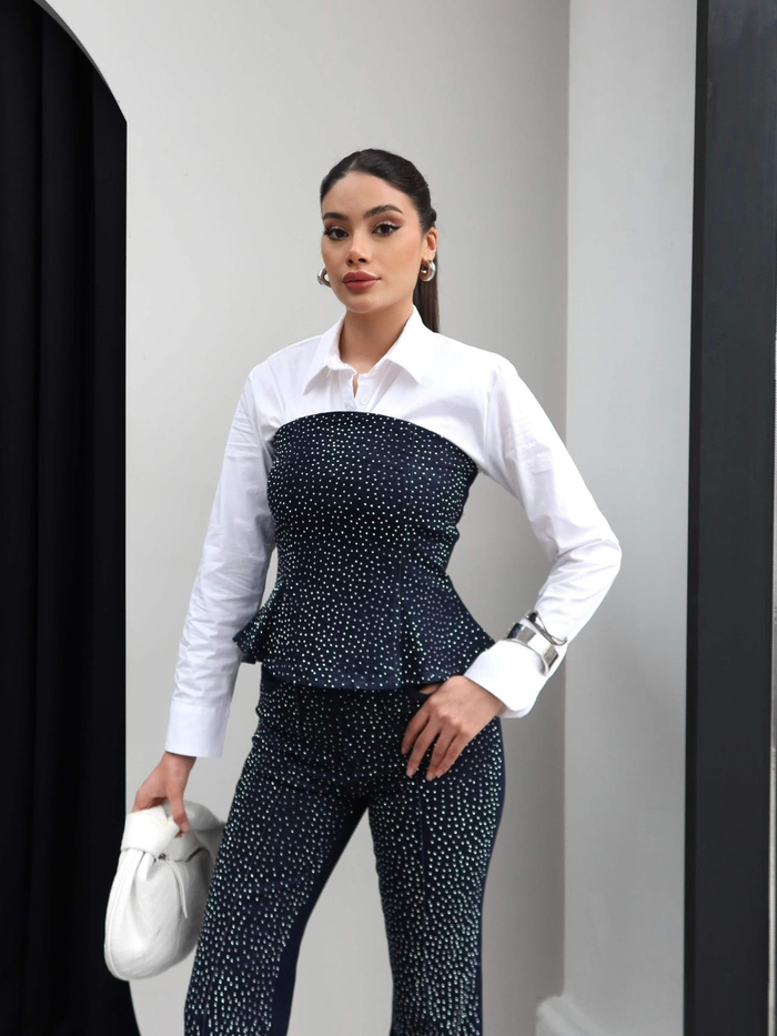 Straplez Taşlı Denim İkili Takım