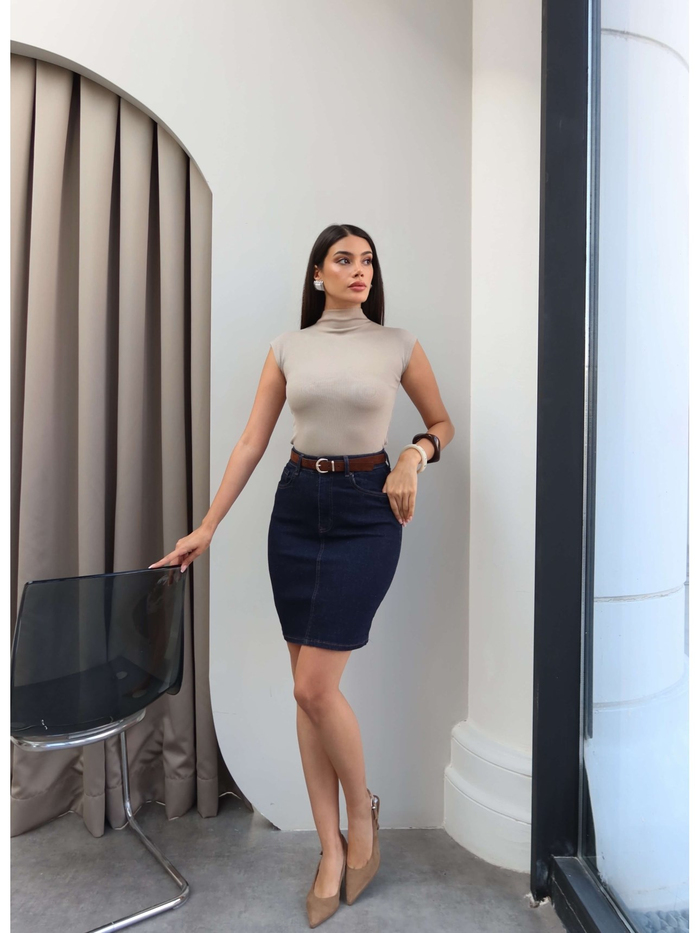 Süet Kemerli Denim Etek