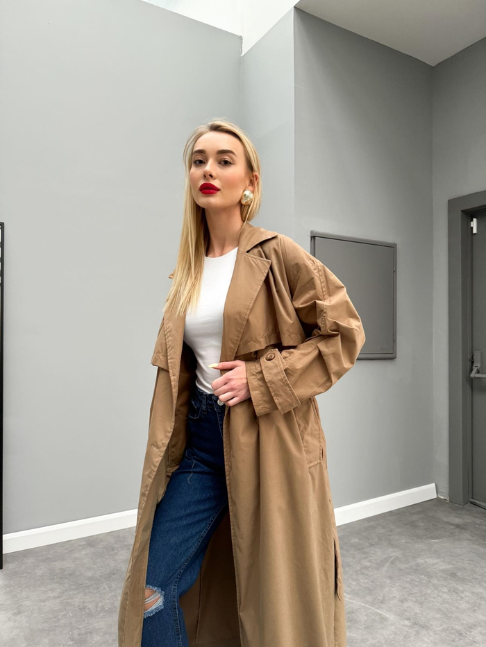 Sütlü  Kahve Düğmeli Kuşaklı Trench