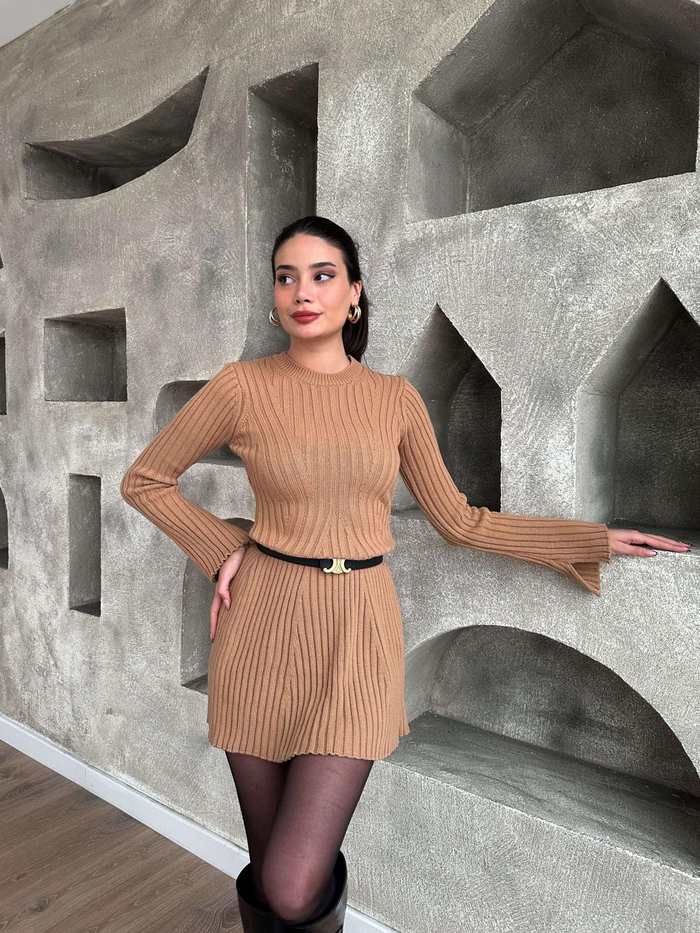 Sütlü Kahve Fitilli Mini Elbise