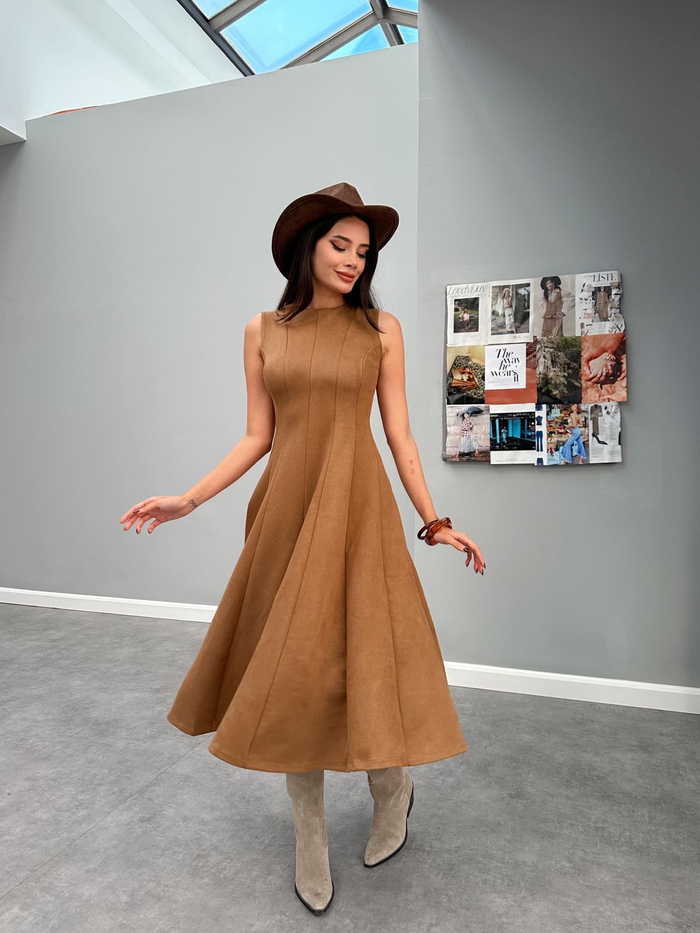 Taba Midi Dokuma Süet Elbise