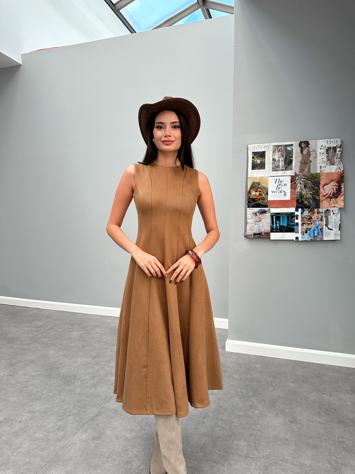 Taba Midi Dokuma Süet Elbise