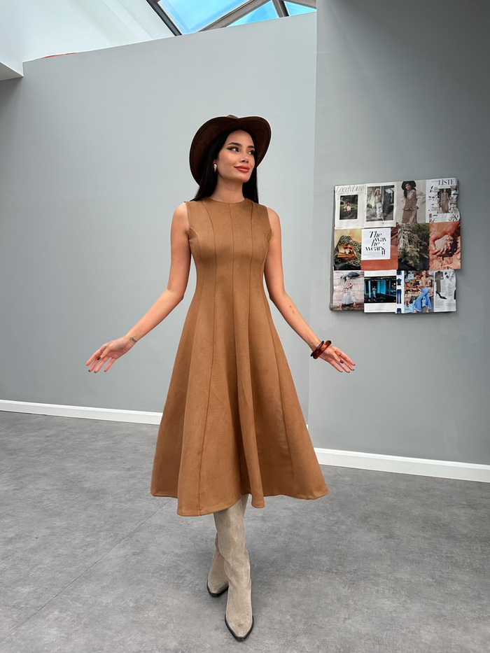 Taba Midi Dokuma Süet Elbise